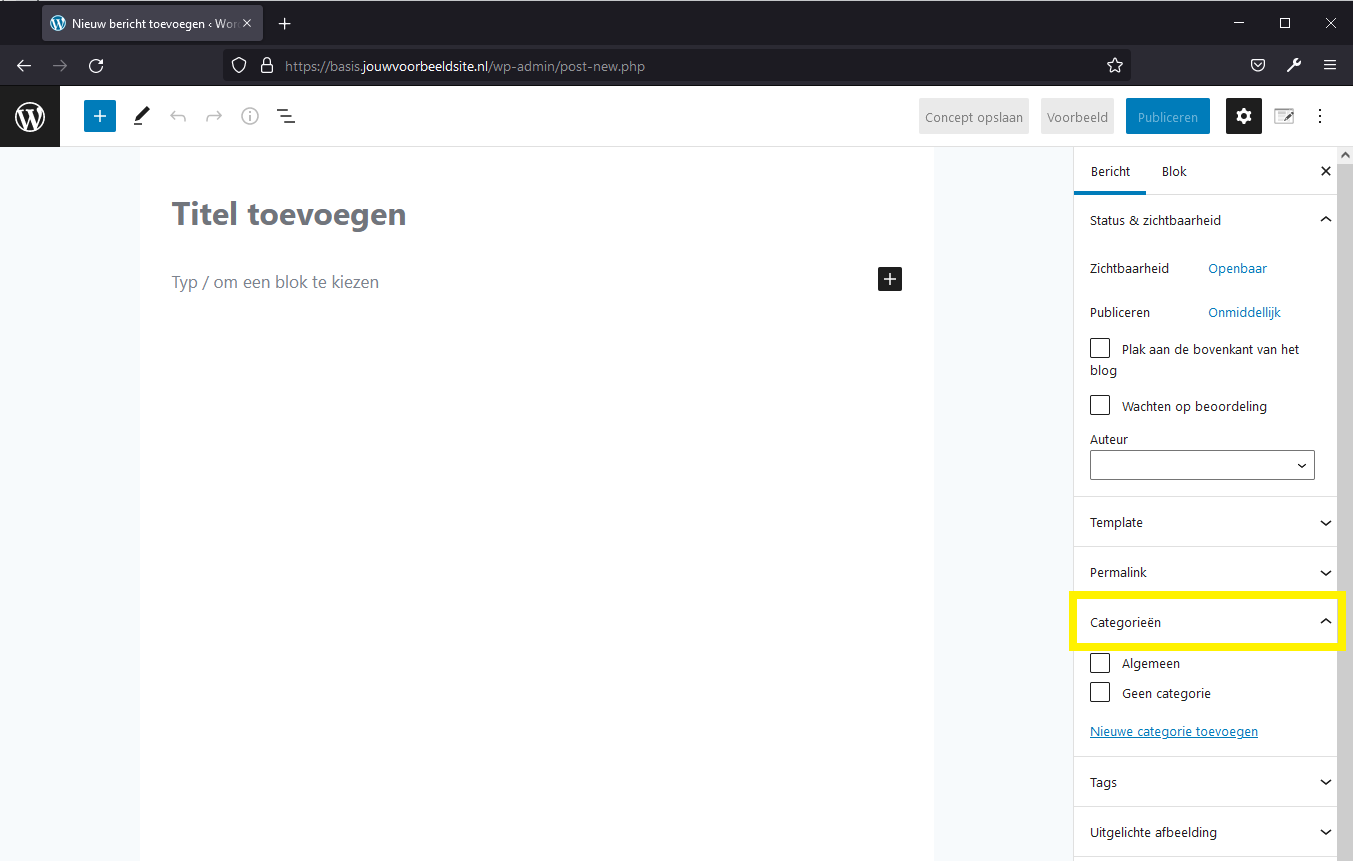 Categorie in de Gutenberg interface