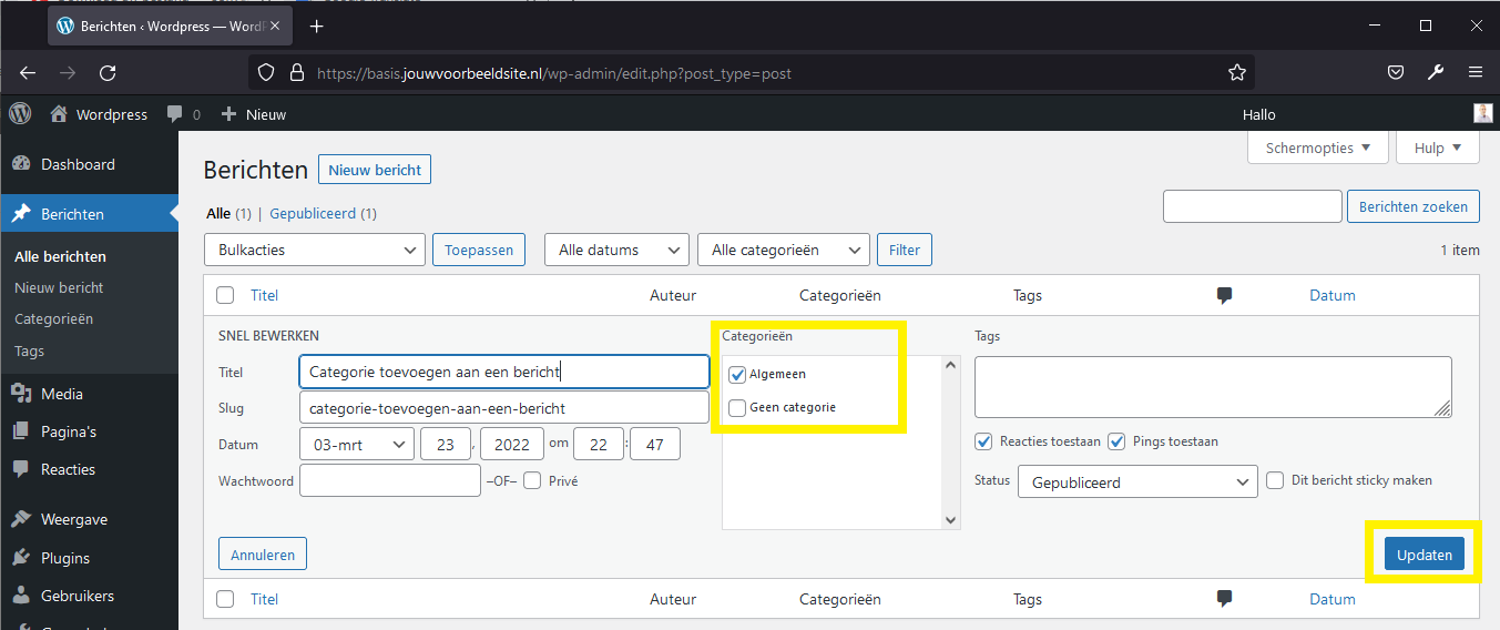 Kies Categorieën in het dashboard voor snelle bewerking van berichten
