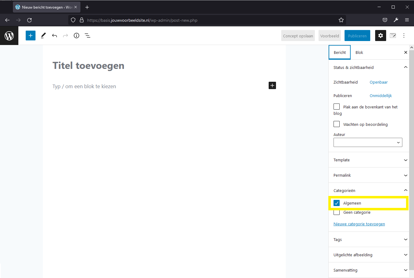 Selecteer een categorie in de WordPress Gutenberg interface