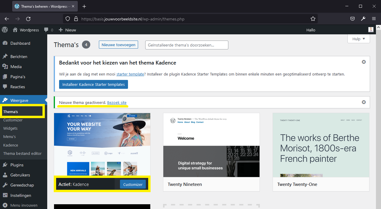 Wordpress Thema Kadence Geactiveerd